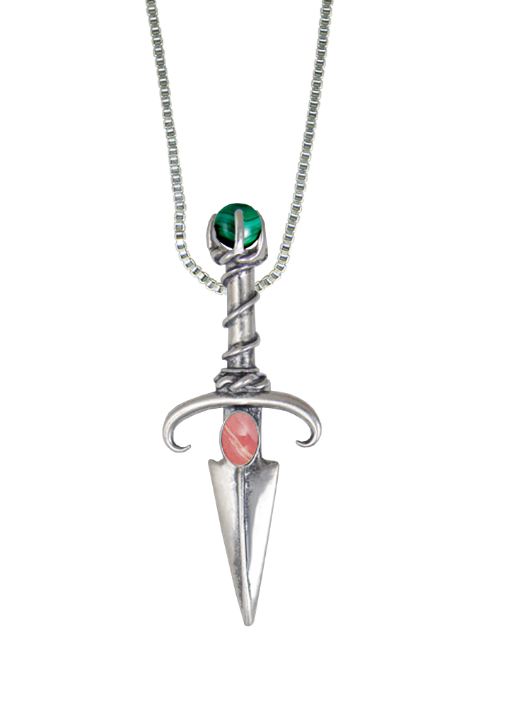 Sterling Silver Black Prince's Knife Dagger Pendant With Rhodocrosite And Malachite